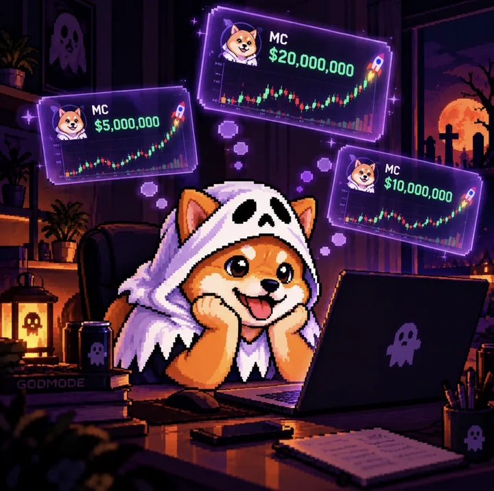 HALLOWINU sits at his laptop late at night, chin in his paws, daydreaming about rising charts.