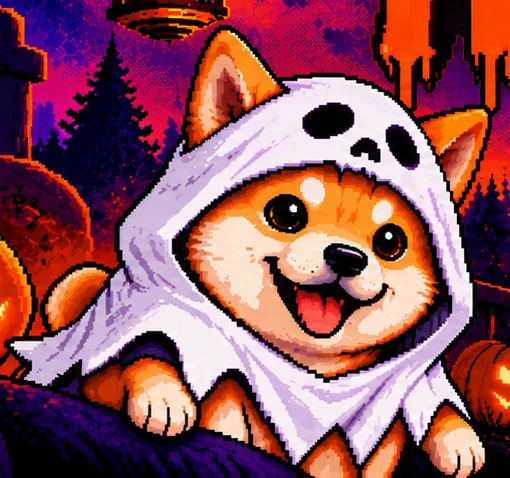 HALLOWINU, the orange Shiba Inu in a white ghost hood, grinning with his tongue out.